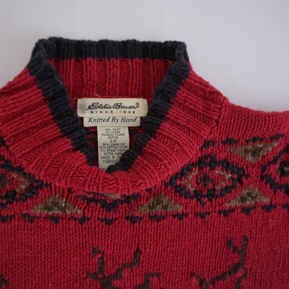 Vintage Eddie Bauer Hand Knit Red Wool Deer Sweater Fair Isle Alpinecore SP - Picture 10 of 10